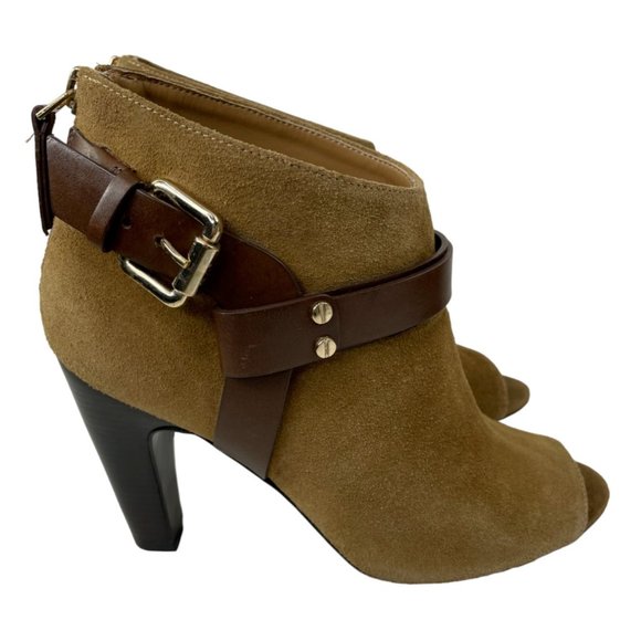 Vince Camuto Signature Women's Nikoletta Brown Suede Peep Toe Booties Size 7.5M - Picture 1 of 8